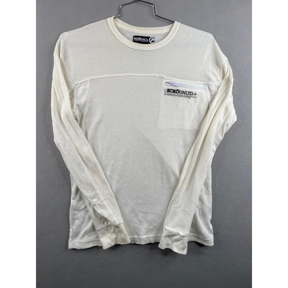 Ecko Unltd Mens Medium White Waffle Knit Thermal Long Sleeve Zipper Pocket Shirt
